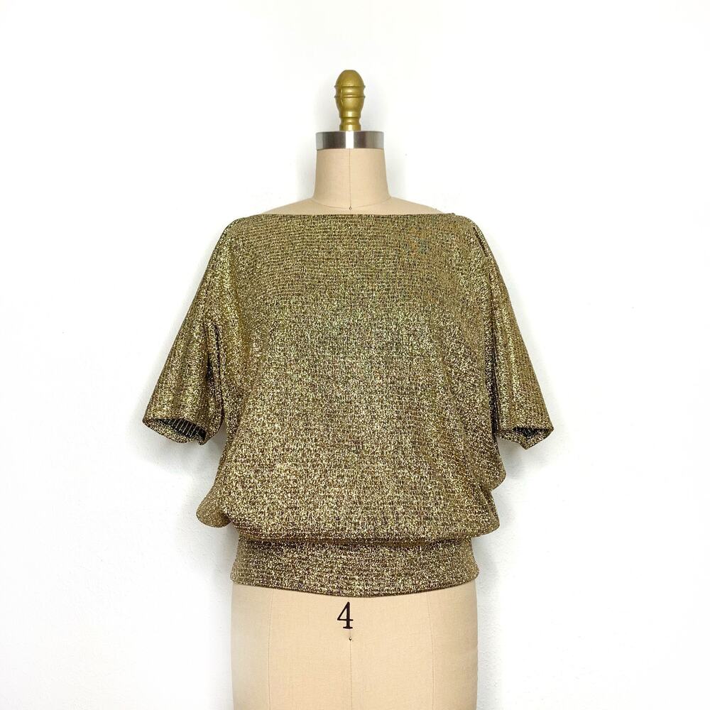 Vintage 70s Metallic Gold Lurex Dolman Short Sleeve Disco Top Small